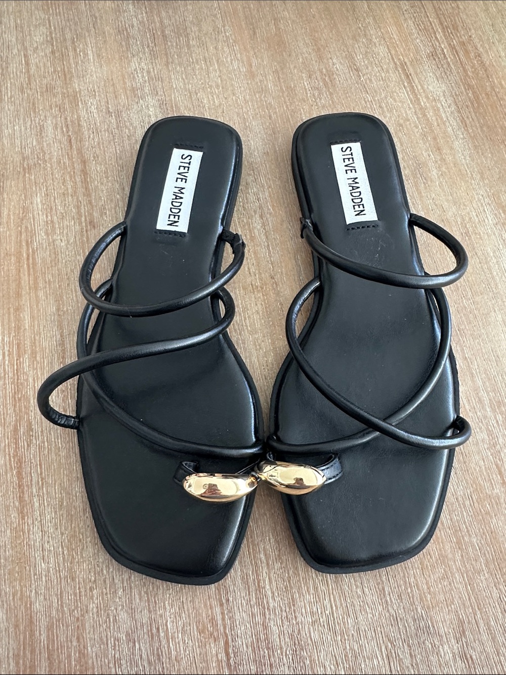 Steve Madden Black Strappy Slide Sandals with Gold Accent Hardware